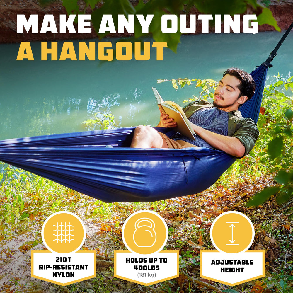 Wise Owl camping hammock shown as a poncho with storage pouch