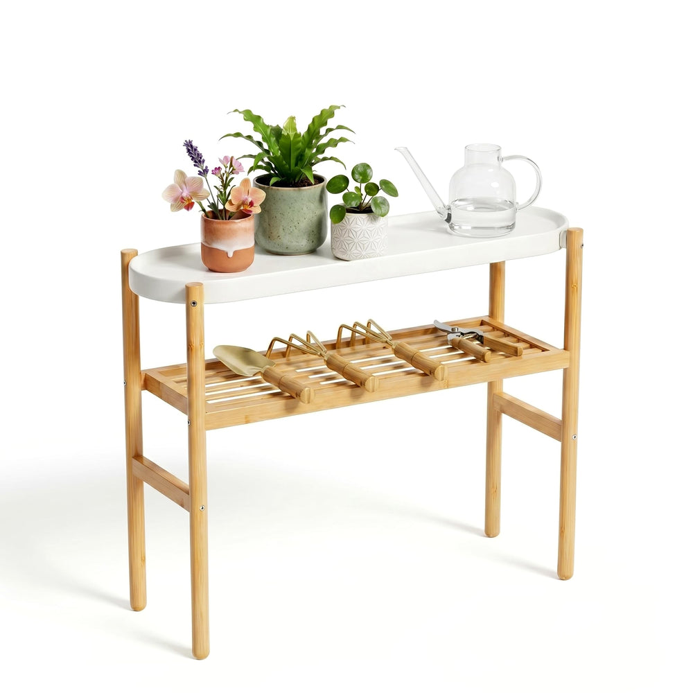 Wisuce Bamboo Plant Stand displayed in a bright room
