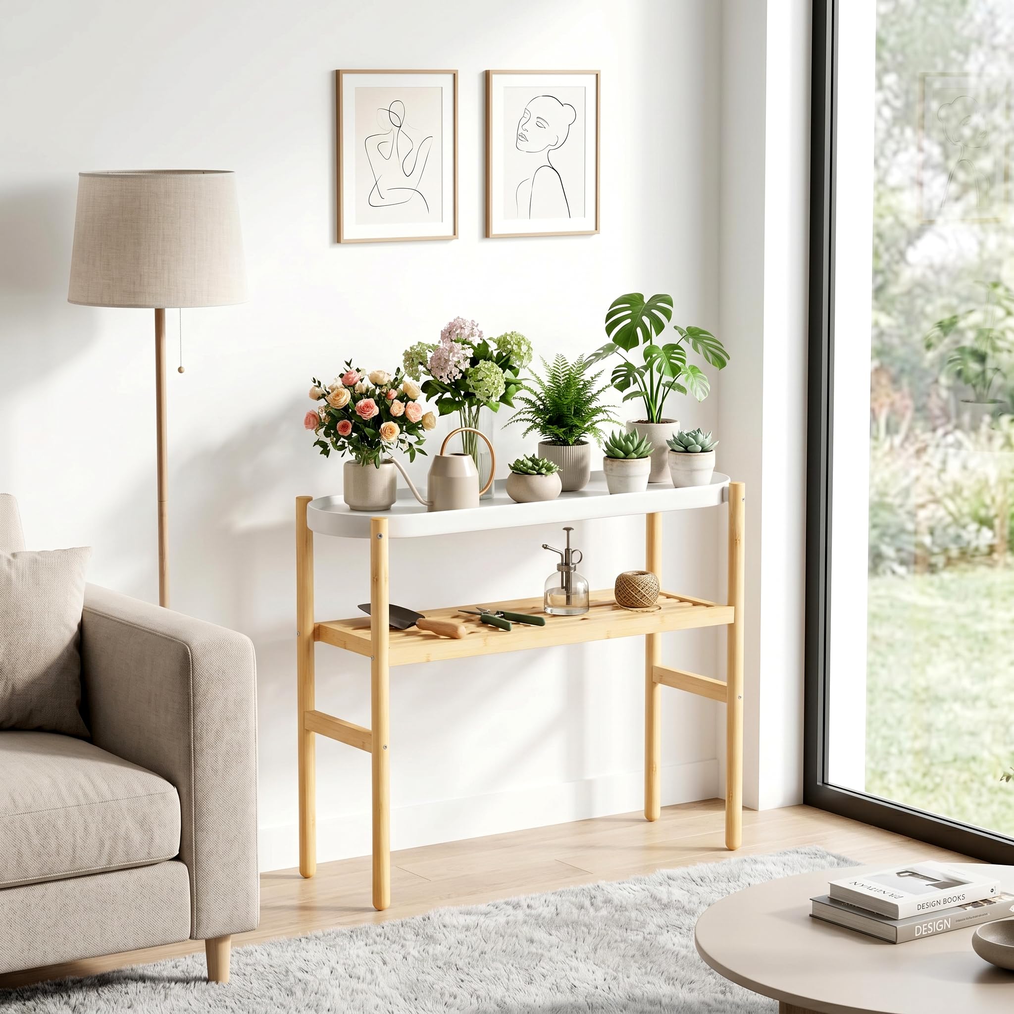 Wisuce Bamboo Plant Stand with books and decorations