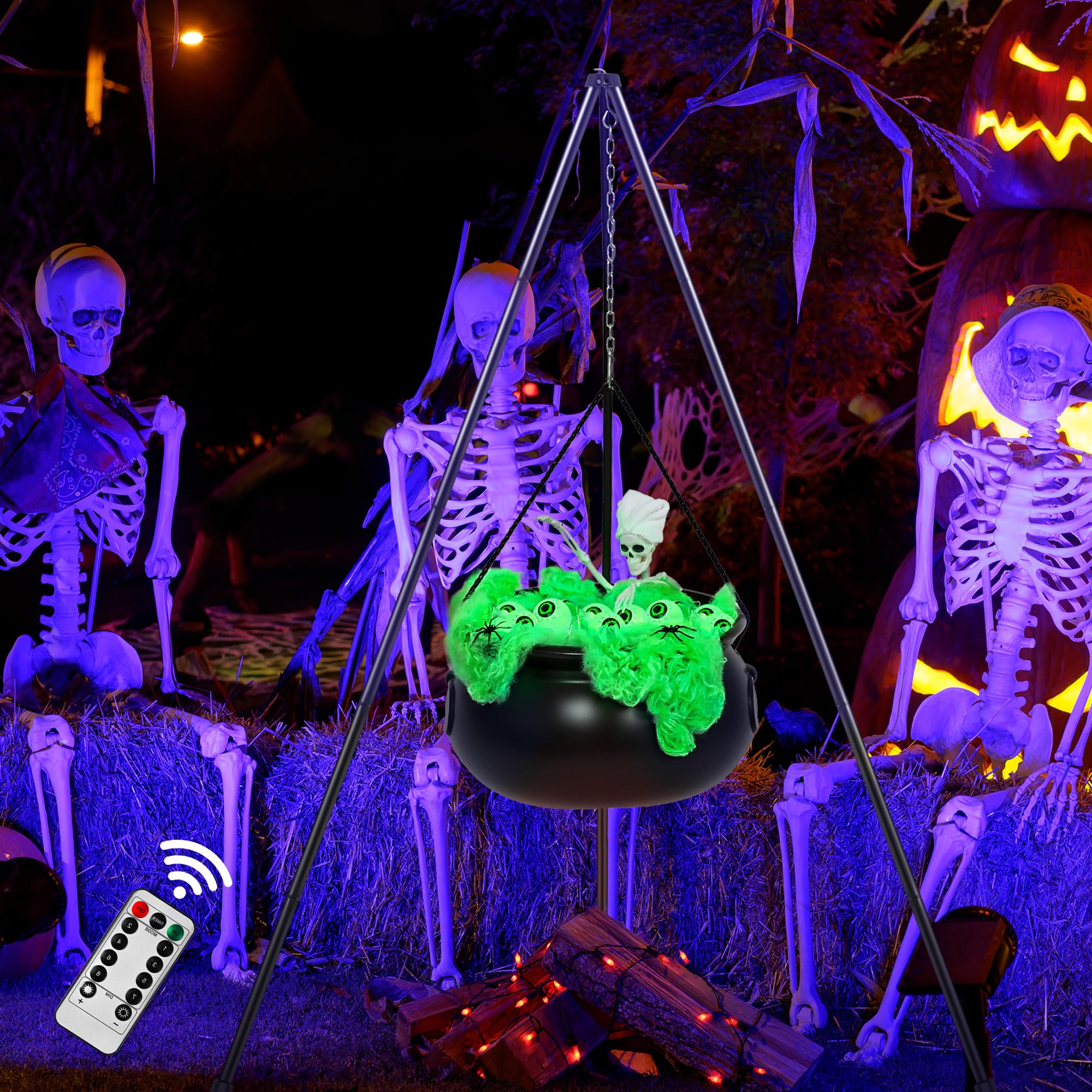 Witches cauldron lit up at night with green light