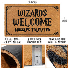 Wizards Welcome Muggles Tolerated Door Mat on patio