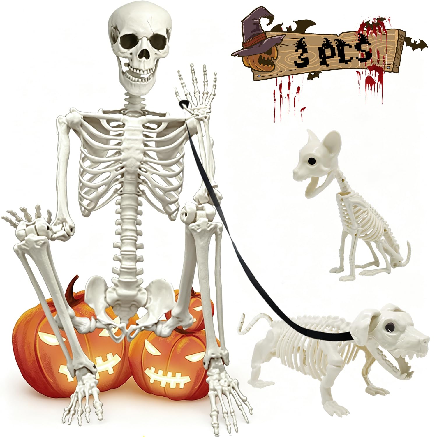 WODMAZ 5.4Ft Halloween skeleton set with dog and cat skeletons