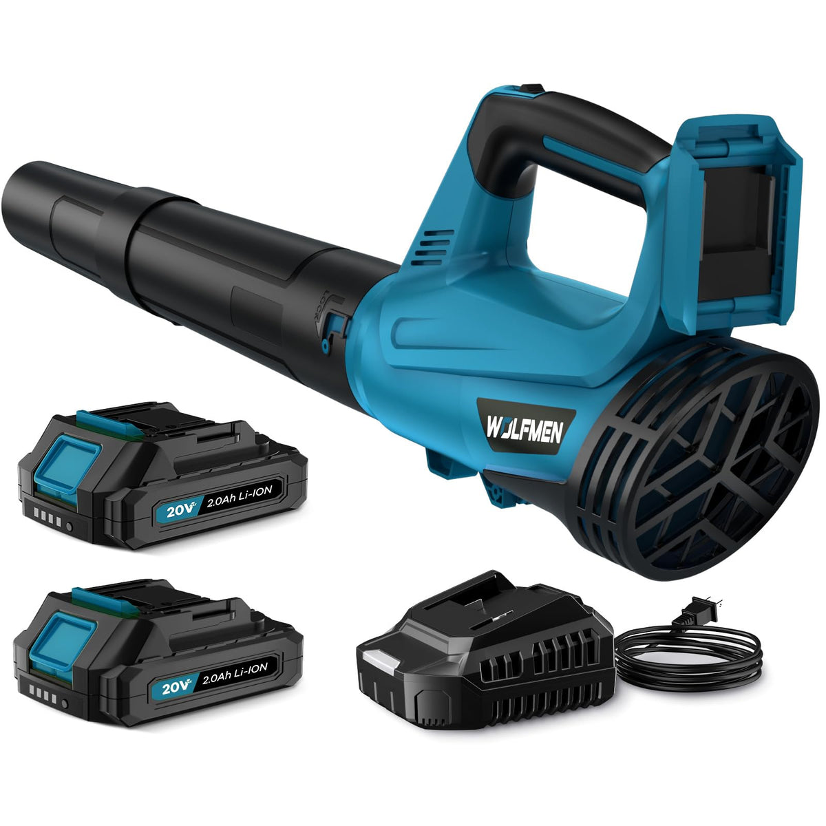 WOLFMEN cordless leaf blower front view in blue