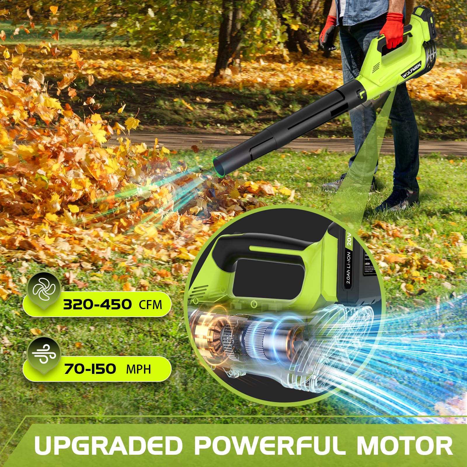 WOLFMEN Cordless Leaf Blower with nozzles attached