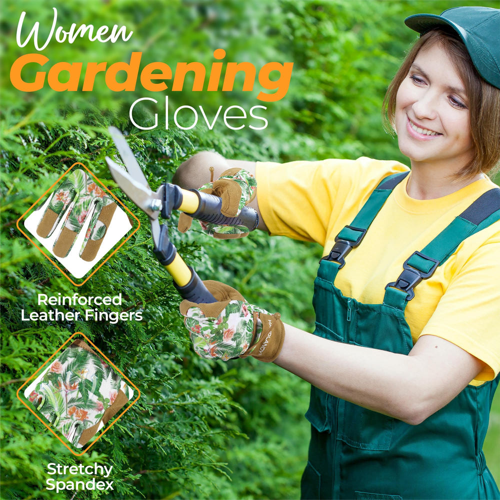 Woman wearing HANDLANDY Gardening Gloves while gardening