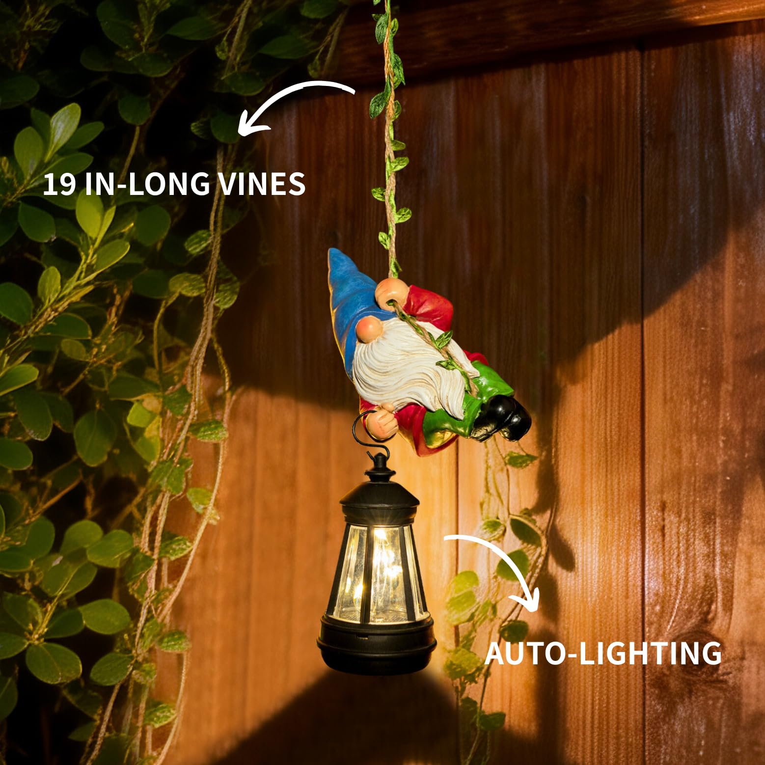 WONDHOME gnome hanging from tree branch with lantern glowing