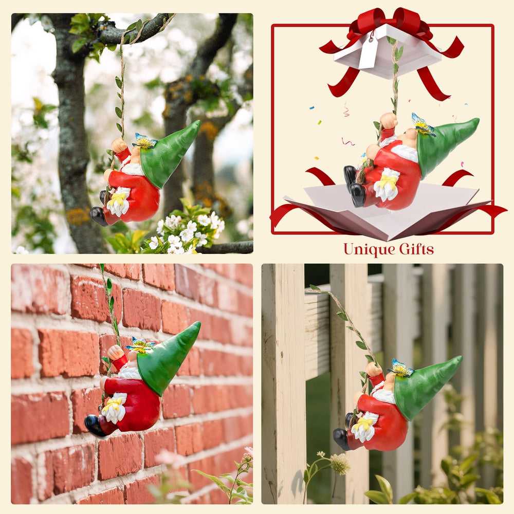 WONDHOME gnome statue with butterfly on nose in a colourful garden