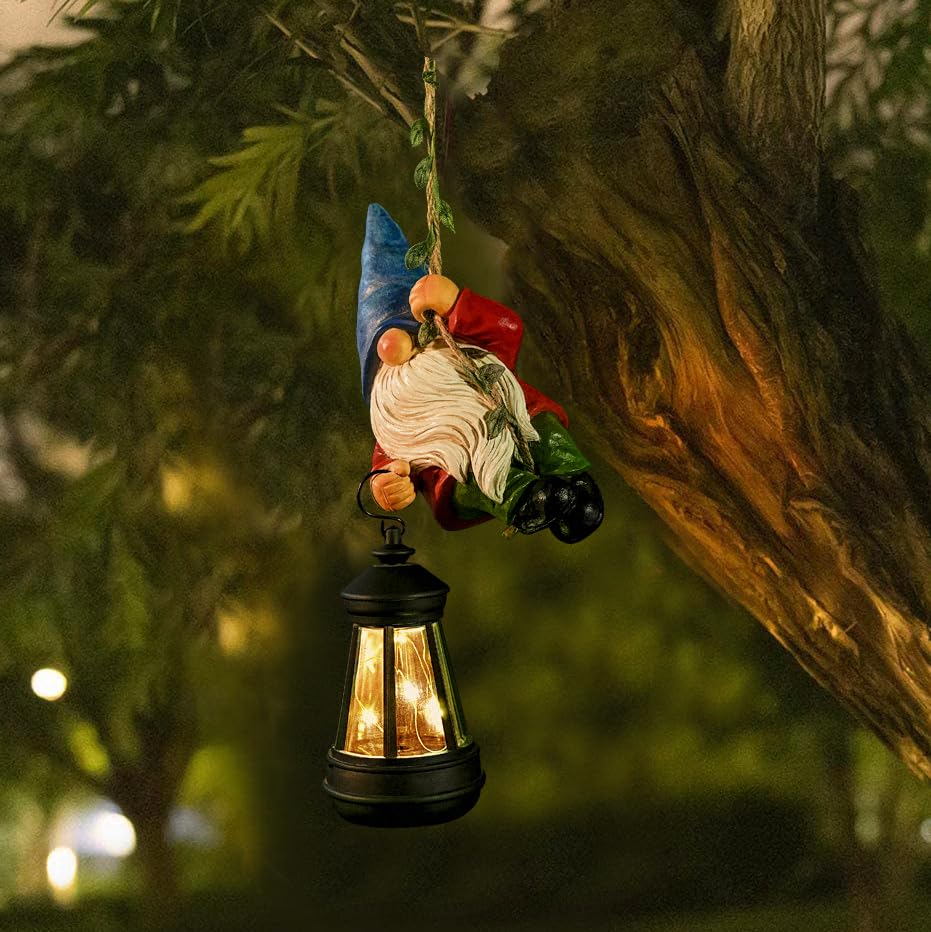 WONDHOME Solar Hanging Gnome Garden Statue front view with lantern