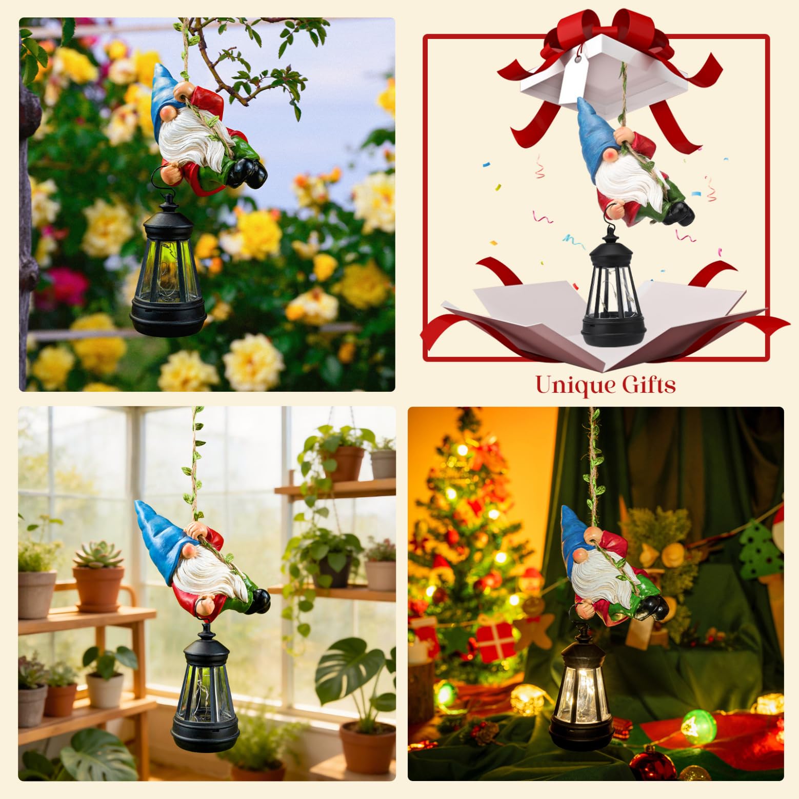 WONDHOME Solar Hanging Gnome Statue in outdoor setting