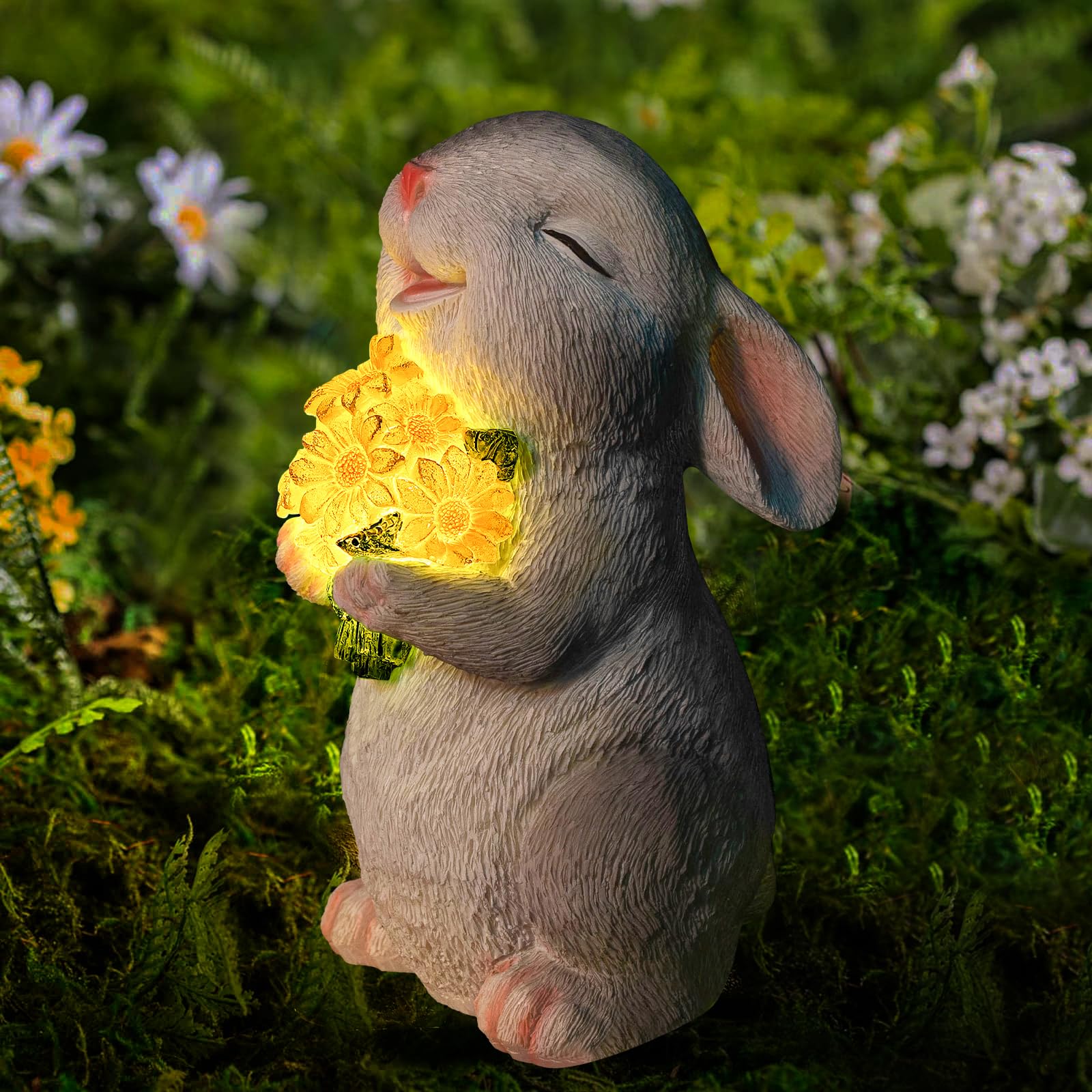 WONDHOME Solar Rabbit Garden Statue front view holding sunflower