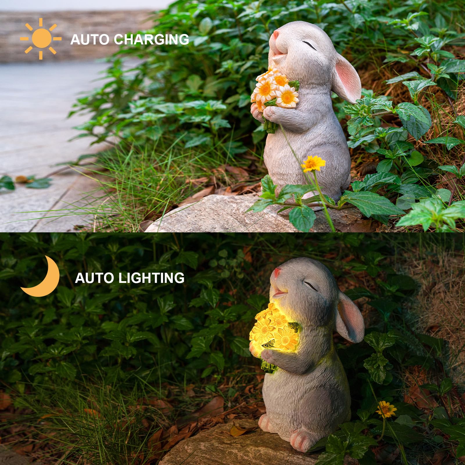WONDHOME Solar Rabbit Statue in garden setting with LED lights on