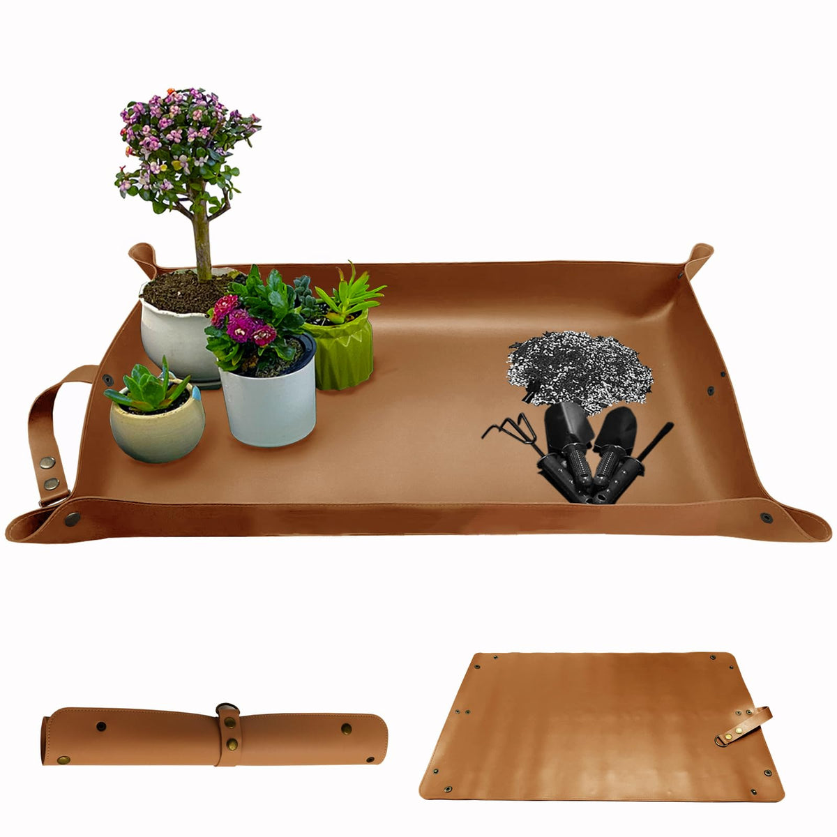 WondMall Plant Repotting Mat front view, brown leather finish