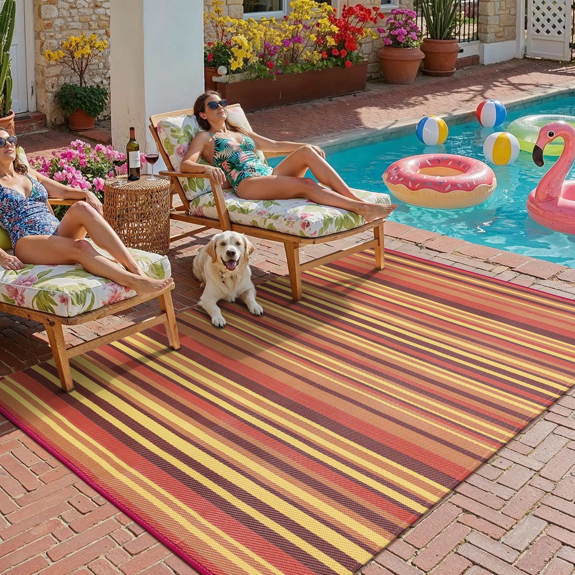 WondRg Outdoor Plastic Straw Rug 5' x 8' Red/Orange Stripe front view
