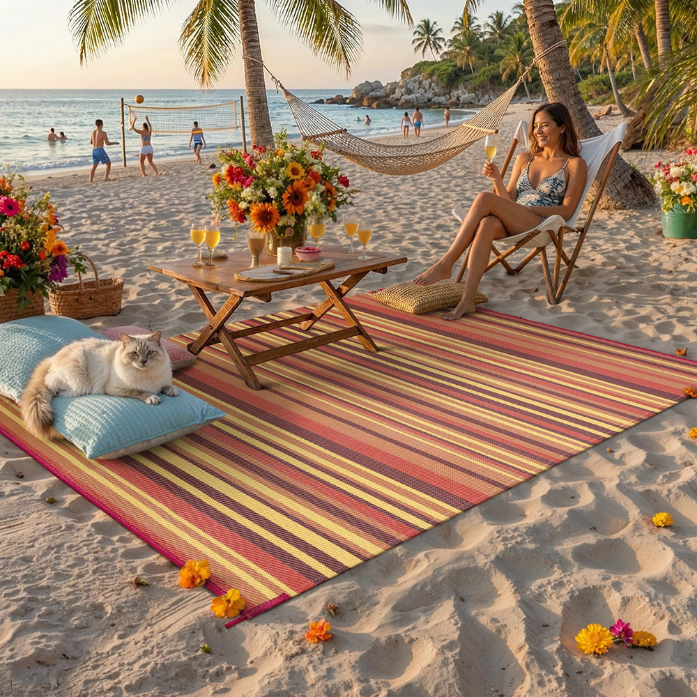 WondRg Outdoor Plastic Straw Rug 5' x 8' Red/Orange Stripe on patio