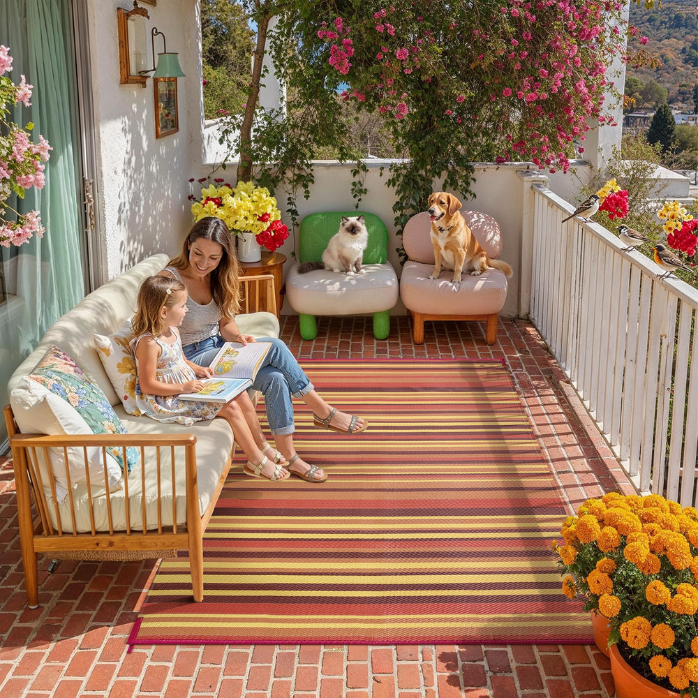 WondRg Outdoor Plastic Straw Rug 5' x 8' Red/Orange Stripe side view