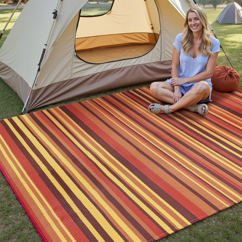 WondRg Outdoor Rug 6x9 Red/Orange on patio