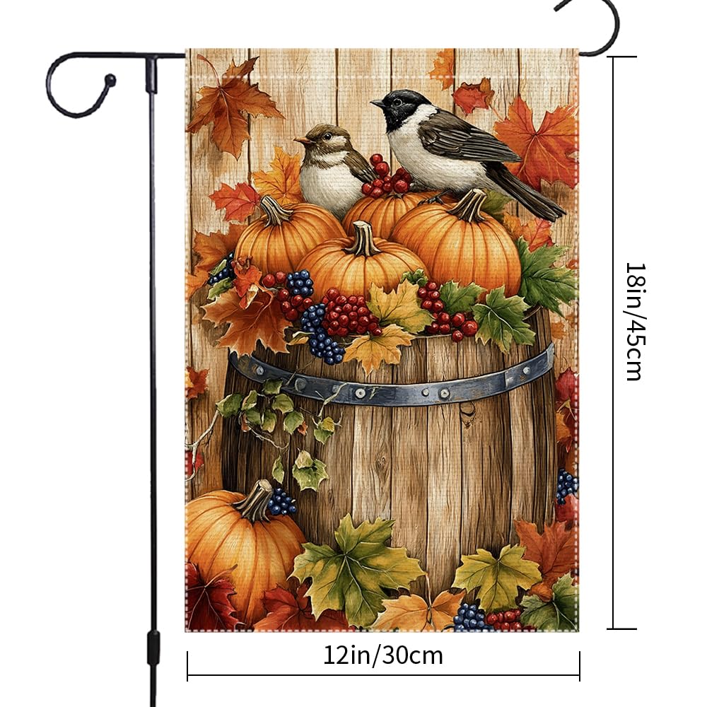 Wooden barrel with pumpkins featured on RMXJKIIU Garden Flag