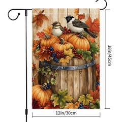 Wooden barrel with pumpkins featured on RMXJKIIU Garden Flag