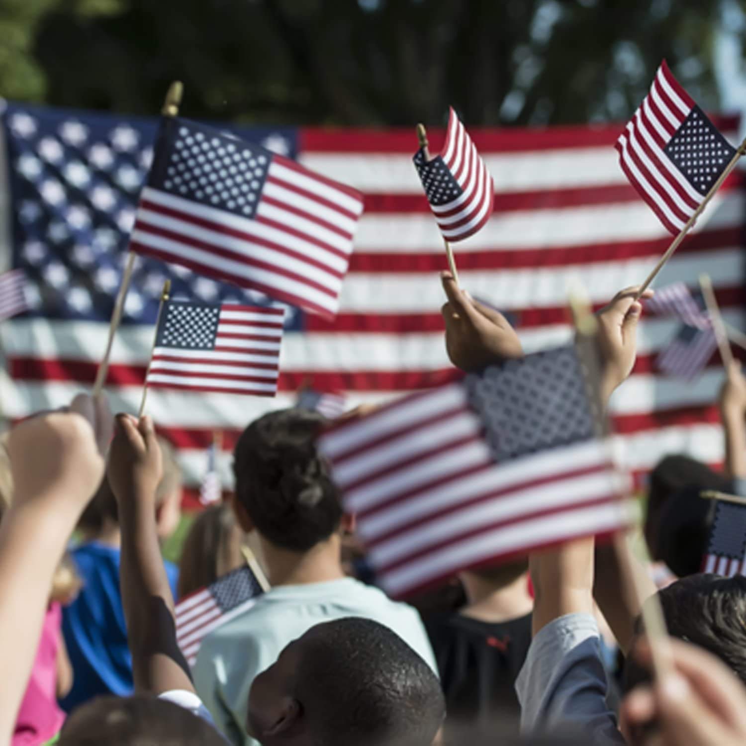 Wooden pole of Datconect small American flags with vibrant colors