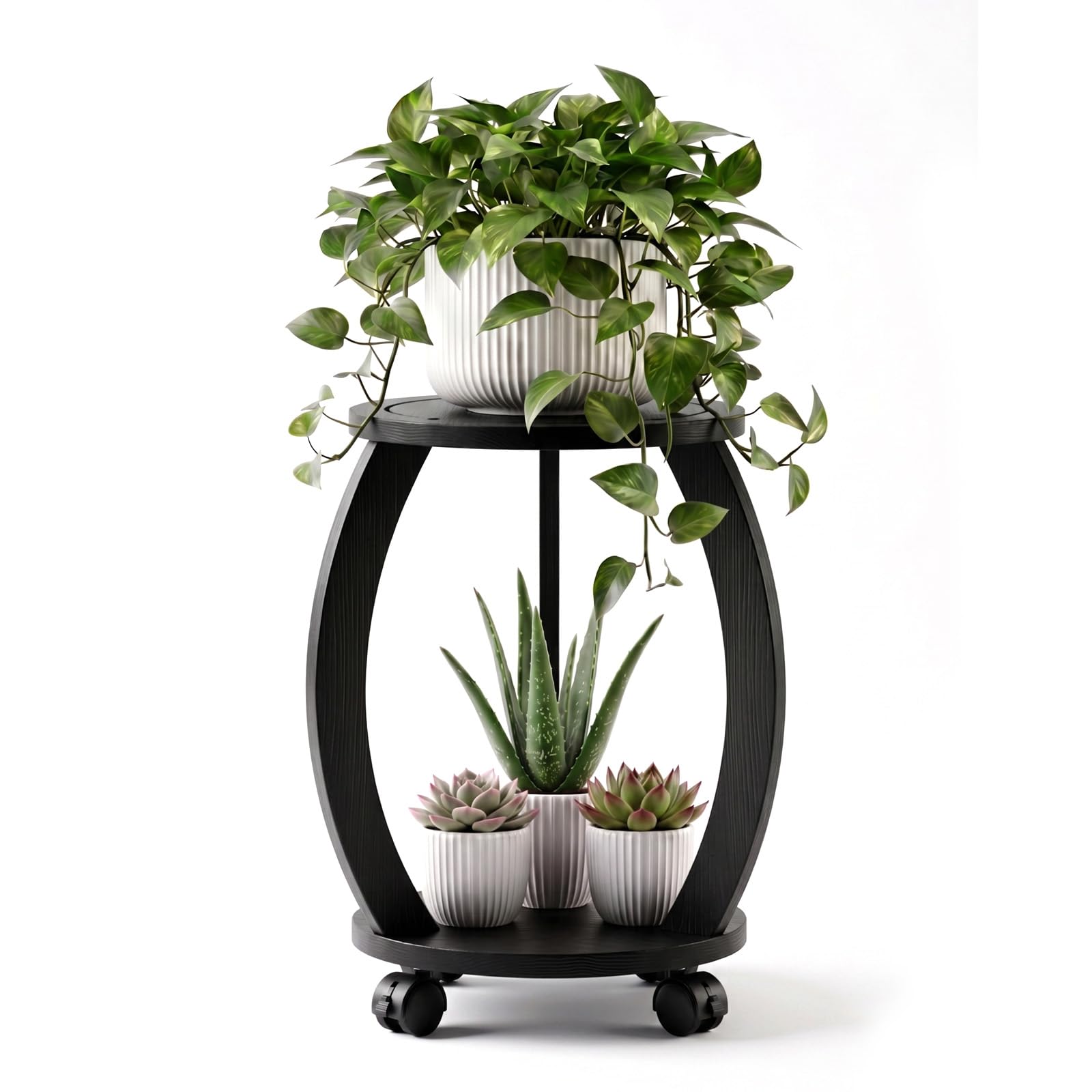 WooOrganix 2 Tier Wooden Plant Stand front view, black design