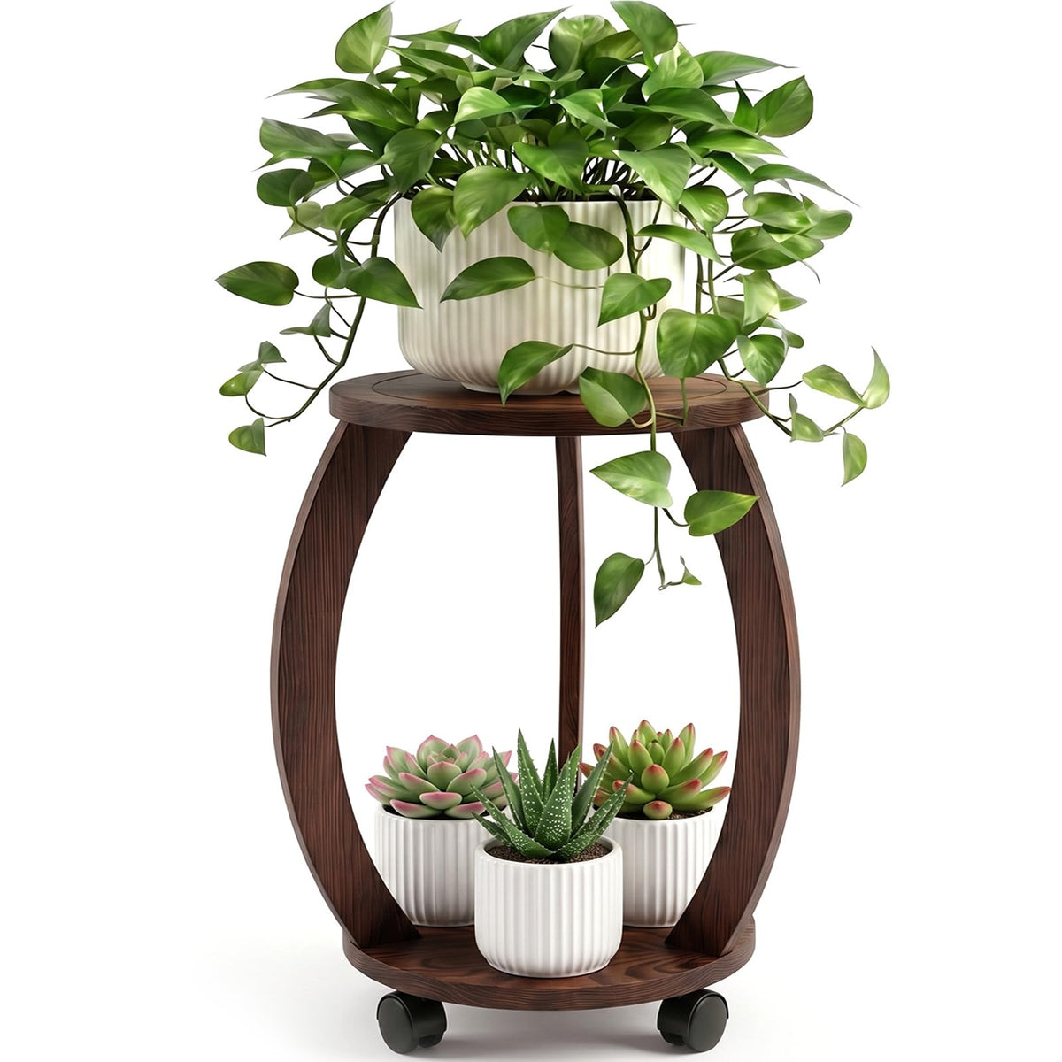 WooOrganix 2 Tier Wooden Plant Stand with wheels, dark brown finish