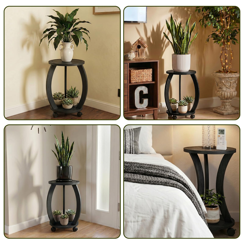 WooOrganix plant stand in a corner with decorative items