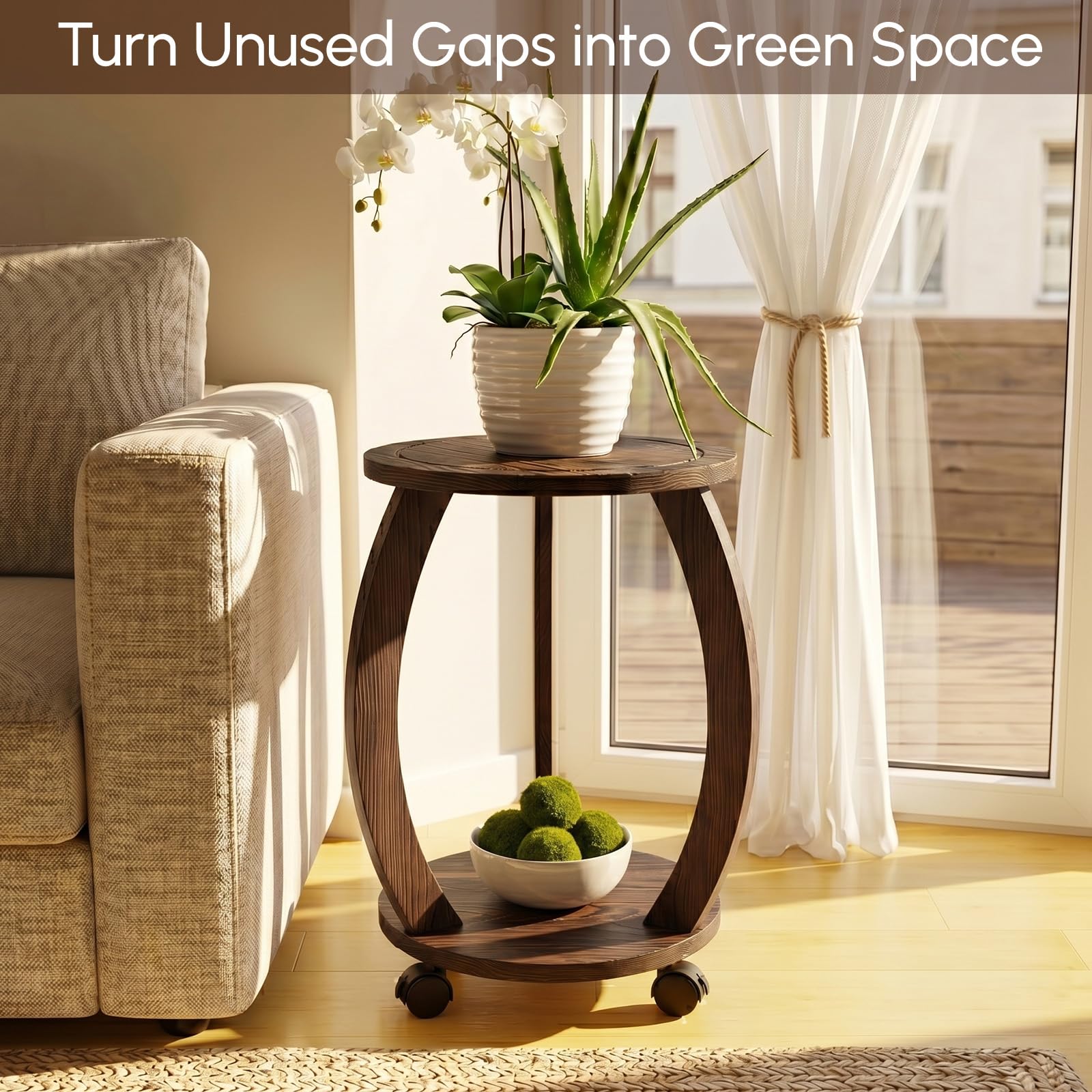 WooOrganix wooden plant stand side view showing wheels
