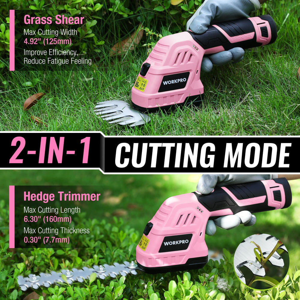 WORKPRO 12V Cordless Grass Shear & Shrub Trimmer in use trimming hedges