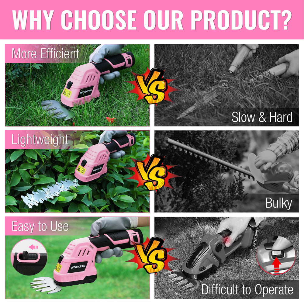 WORKPRO 12V Cordless Grass Shear & Shrub Trimmer on a garden table
