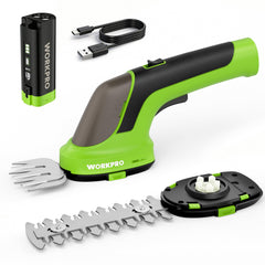 WORKPRO 2-in-1 Cordless Hedge Trimmer front view with battery