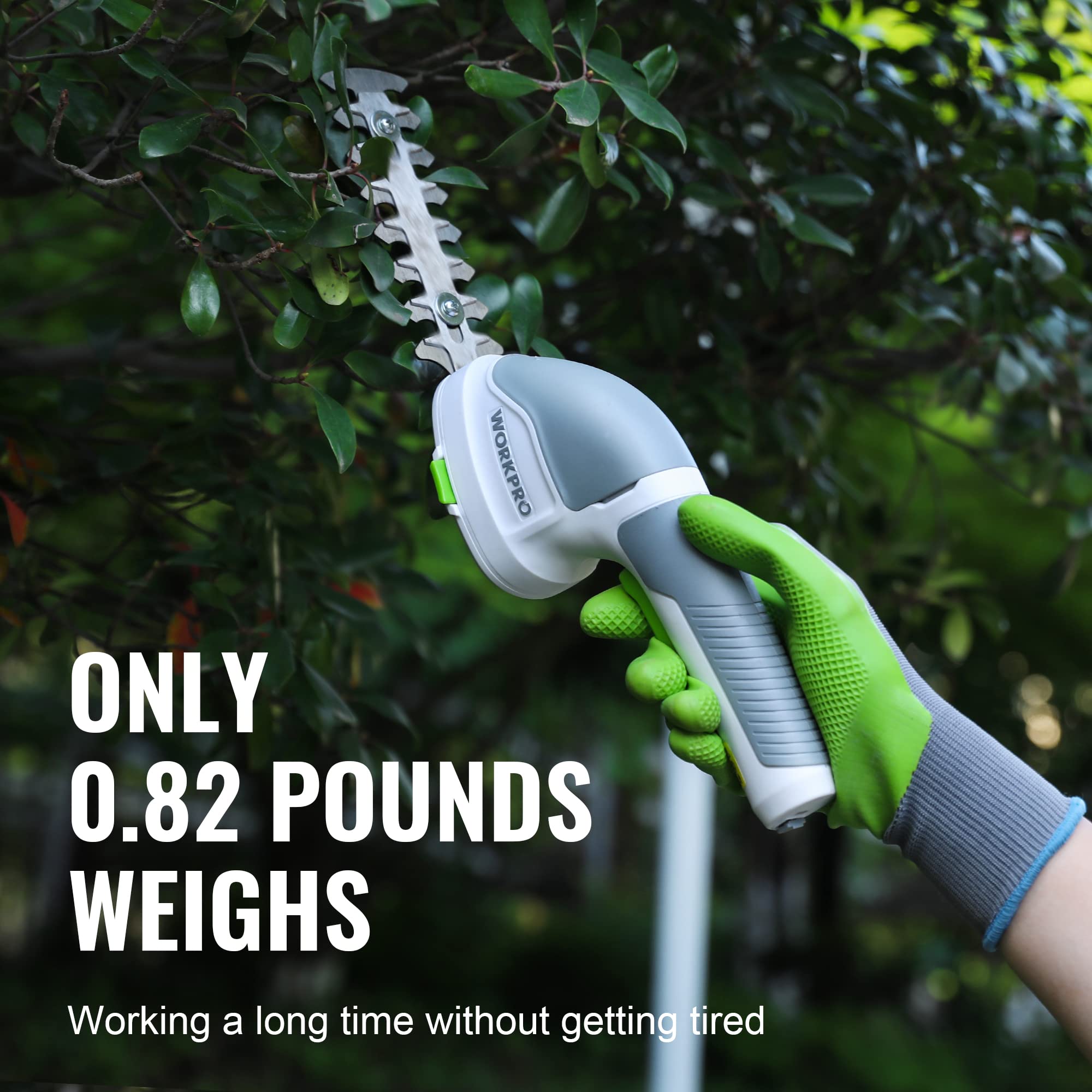 WORKPRO 3.6V Cordless Grass Shear close-up of safety button