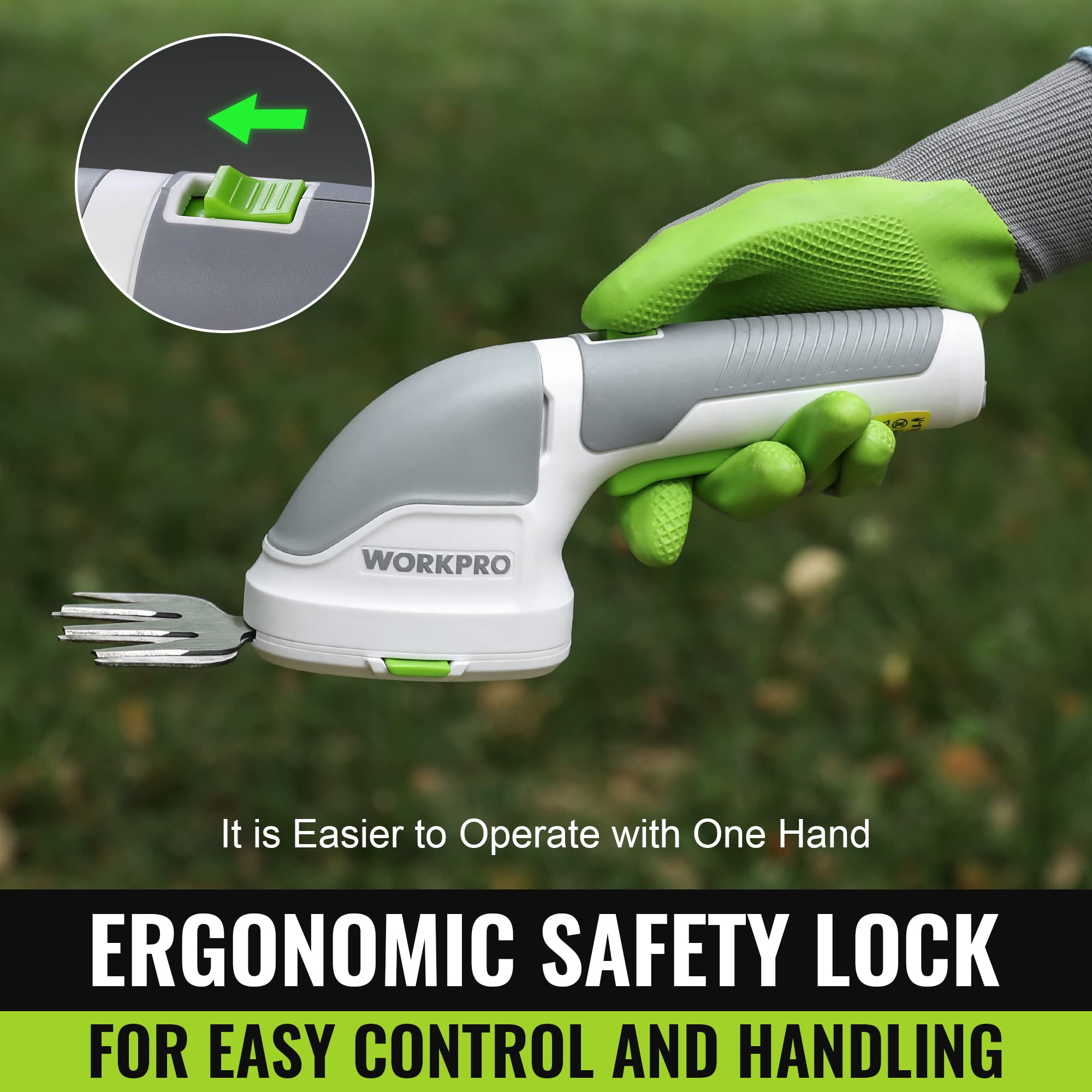 WORKPRO 3.6V Cordless Grass Shear in use trimming hedges
