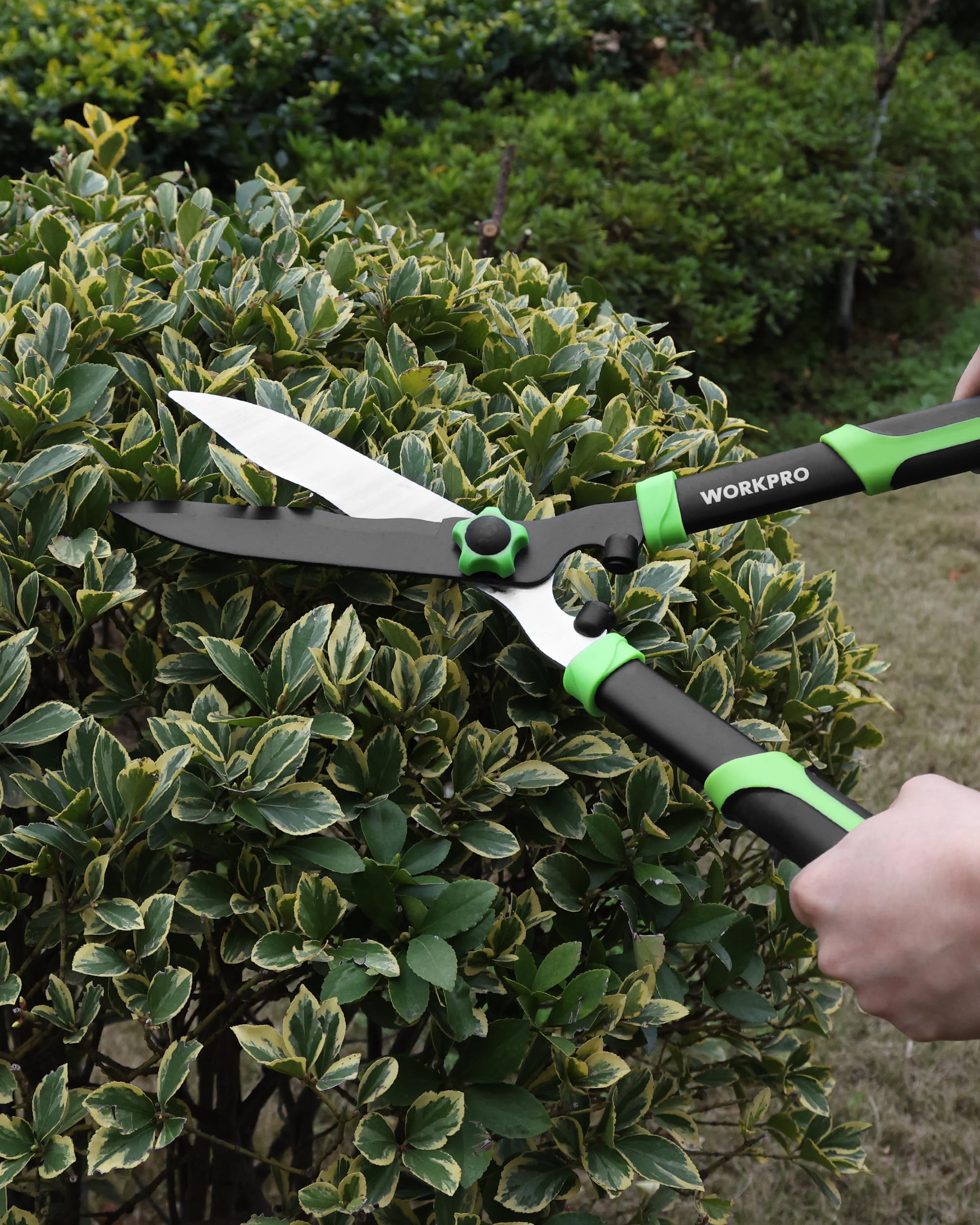 WORKPRO 3-Piece Garden Shears Set laid out on garden table