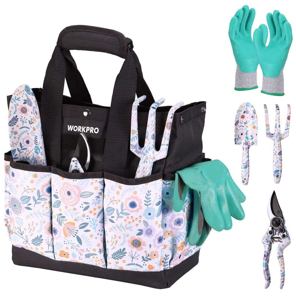 WORKPRO 5PCS Garden Tool Set with floral pattern tools and bag