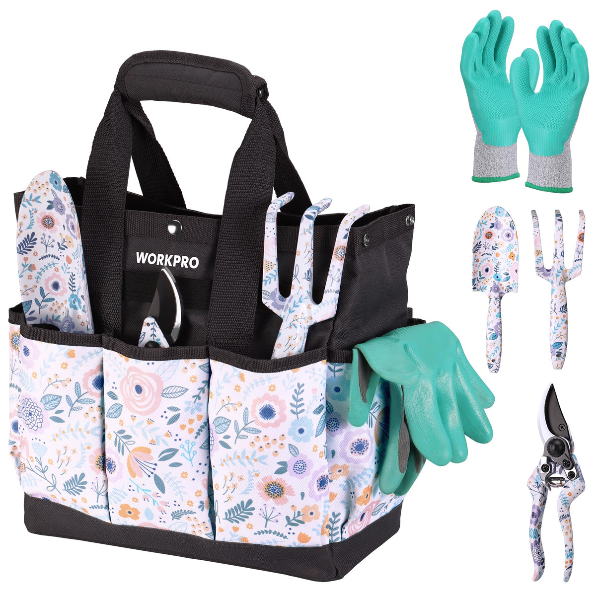 WORKPRO 5PCS Garden Tool Set with floral pattern tools and bag
