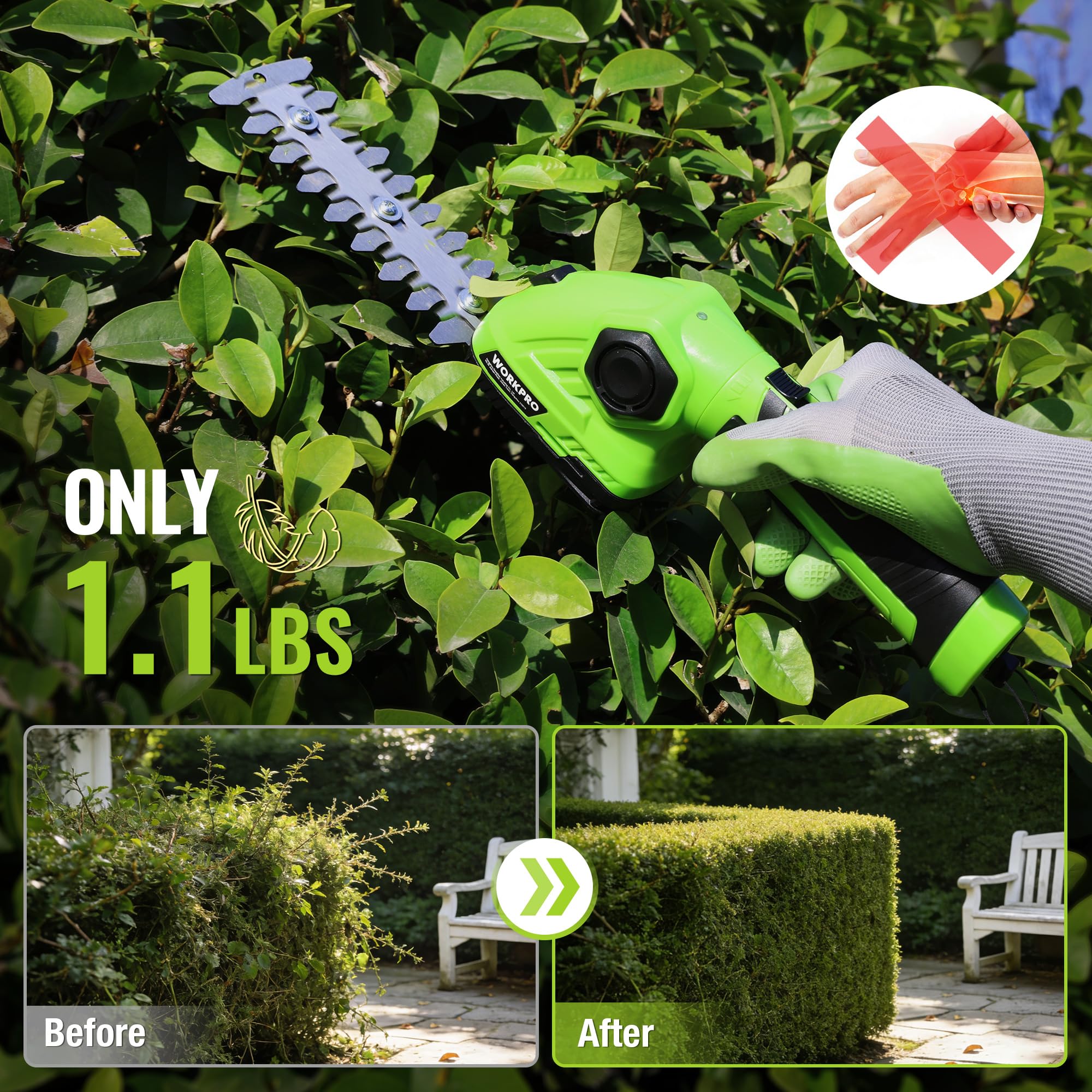 WORKPRO 7.2V Grass Shear in use trimming small hedges