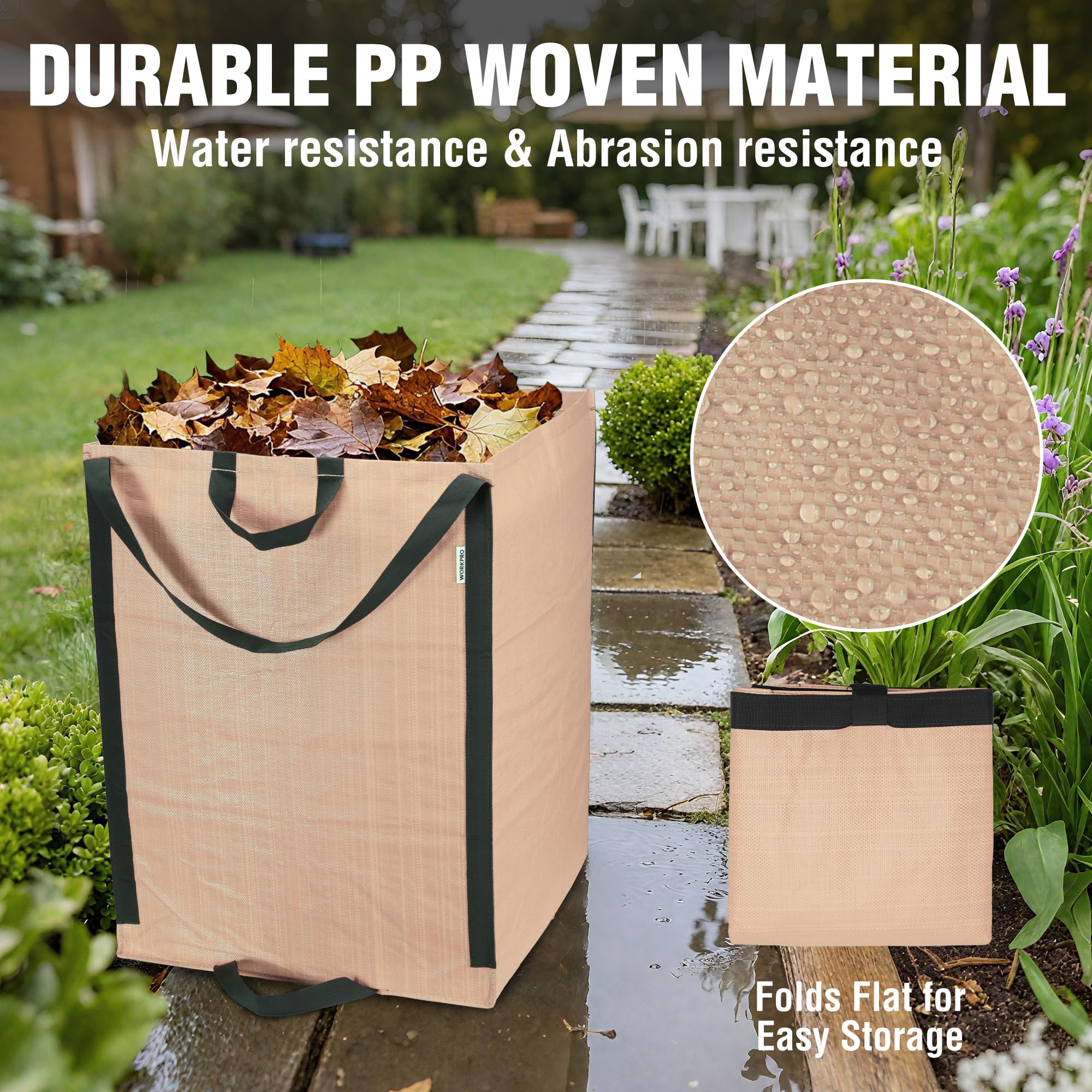 WORKPRO 72-Gallon reusable yard waste bags in outdoor garden setting