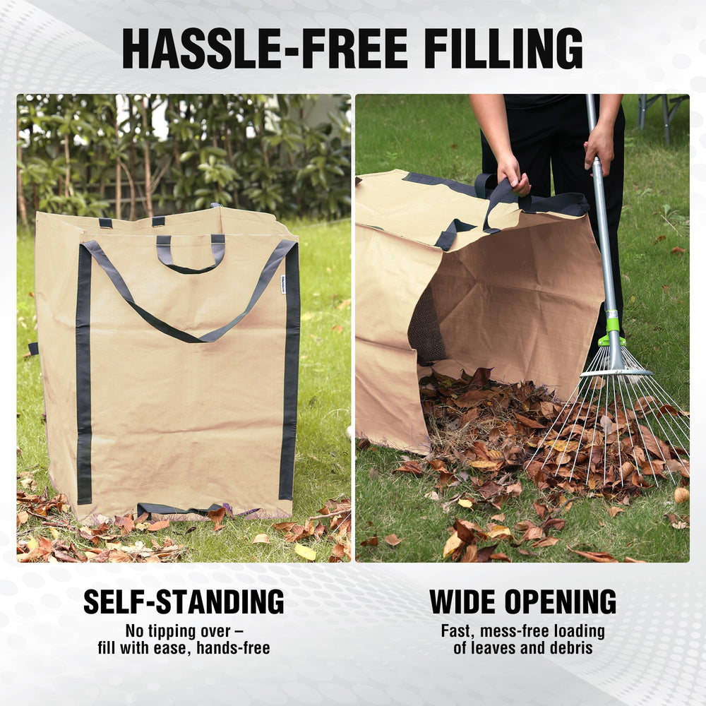 WORKPRO 72-Gallon reusable yard waste bags stacked for storage