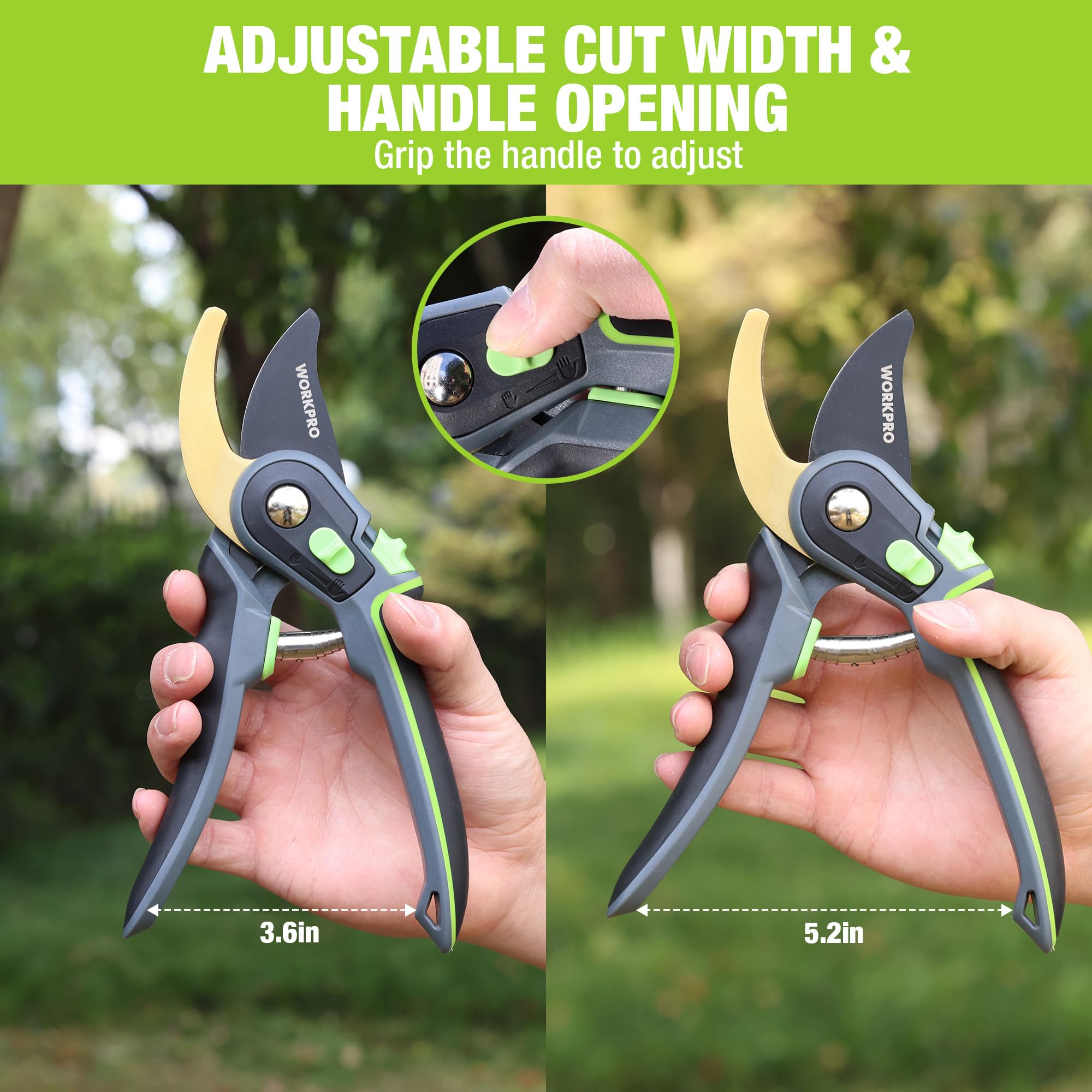 WORKPRO 9-inch pruning shears cutting through green stems in a garden