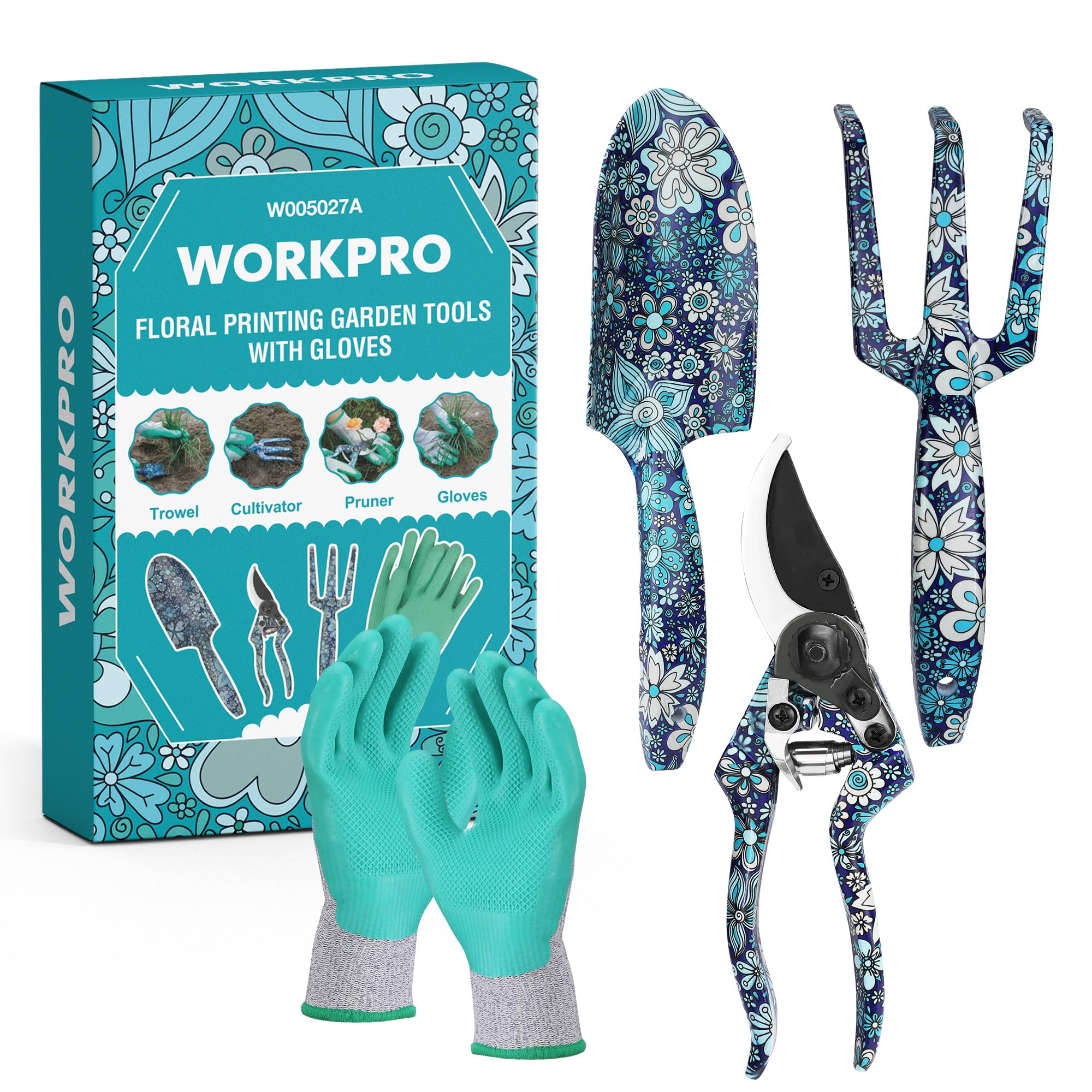 WORKPRO Aluminum Garden Tool Set front view with floral pattern