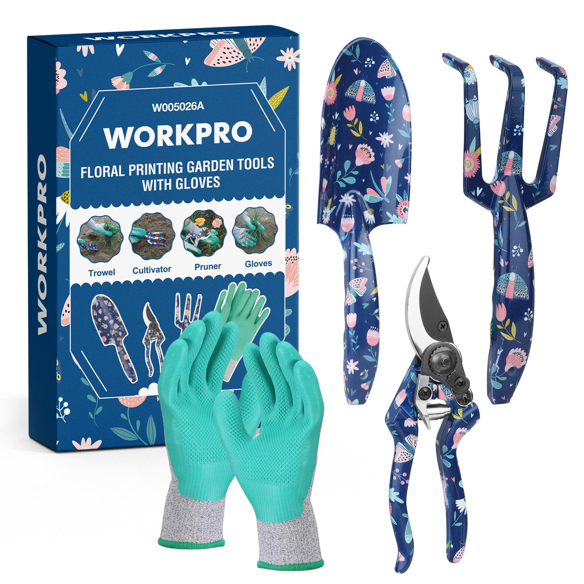 WORKPRO Aluminum Garden Tool Set with flower pattern trowel and rake