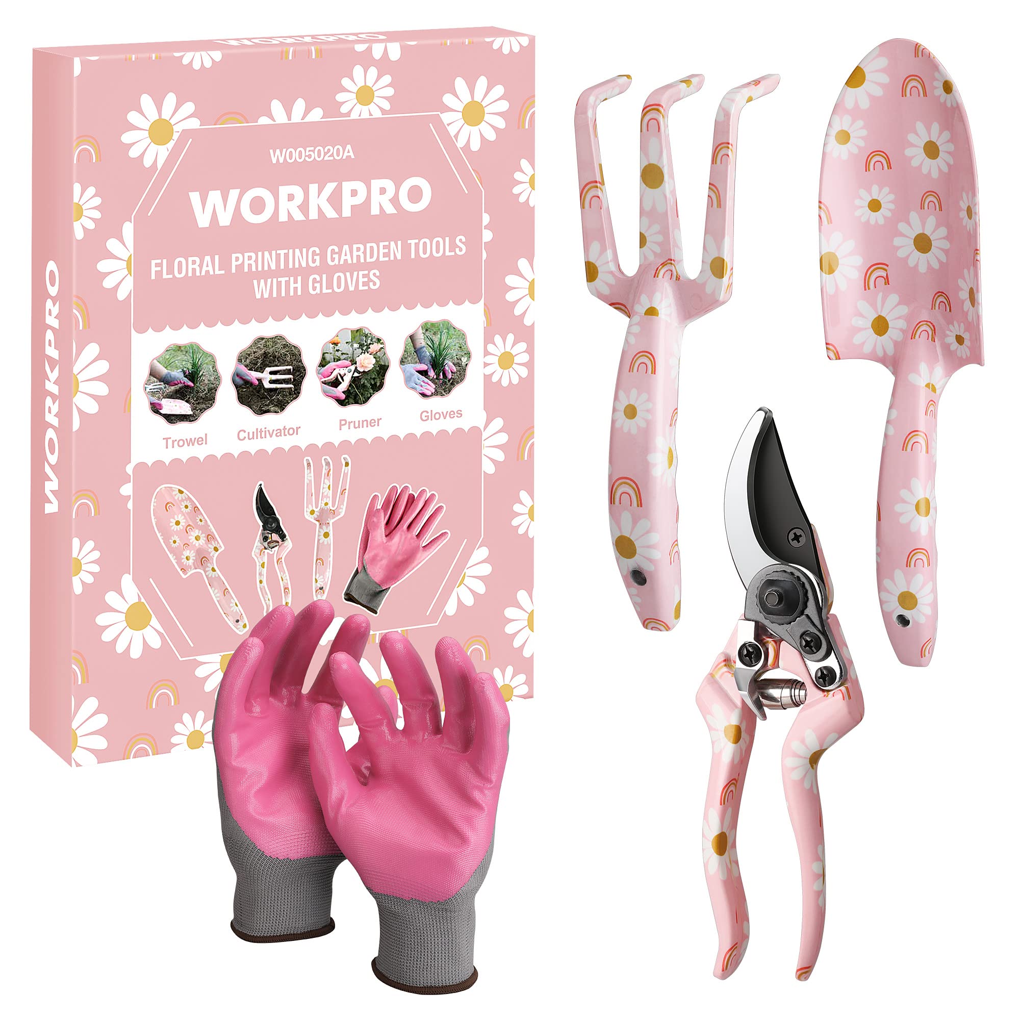 WORKPRO Aluminum Garden Tool Set with flower patterns and gloves