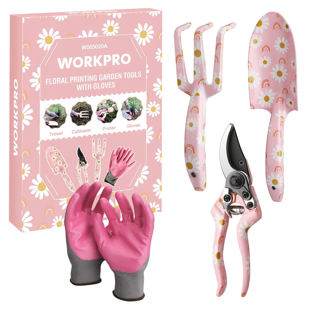 WORKPRO Aluminum Garden Tool Set with flower patterns and gloves