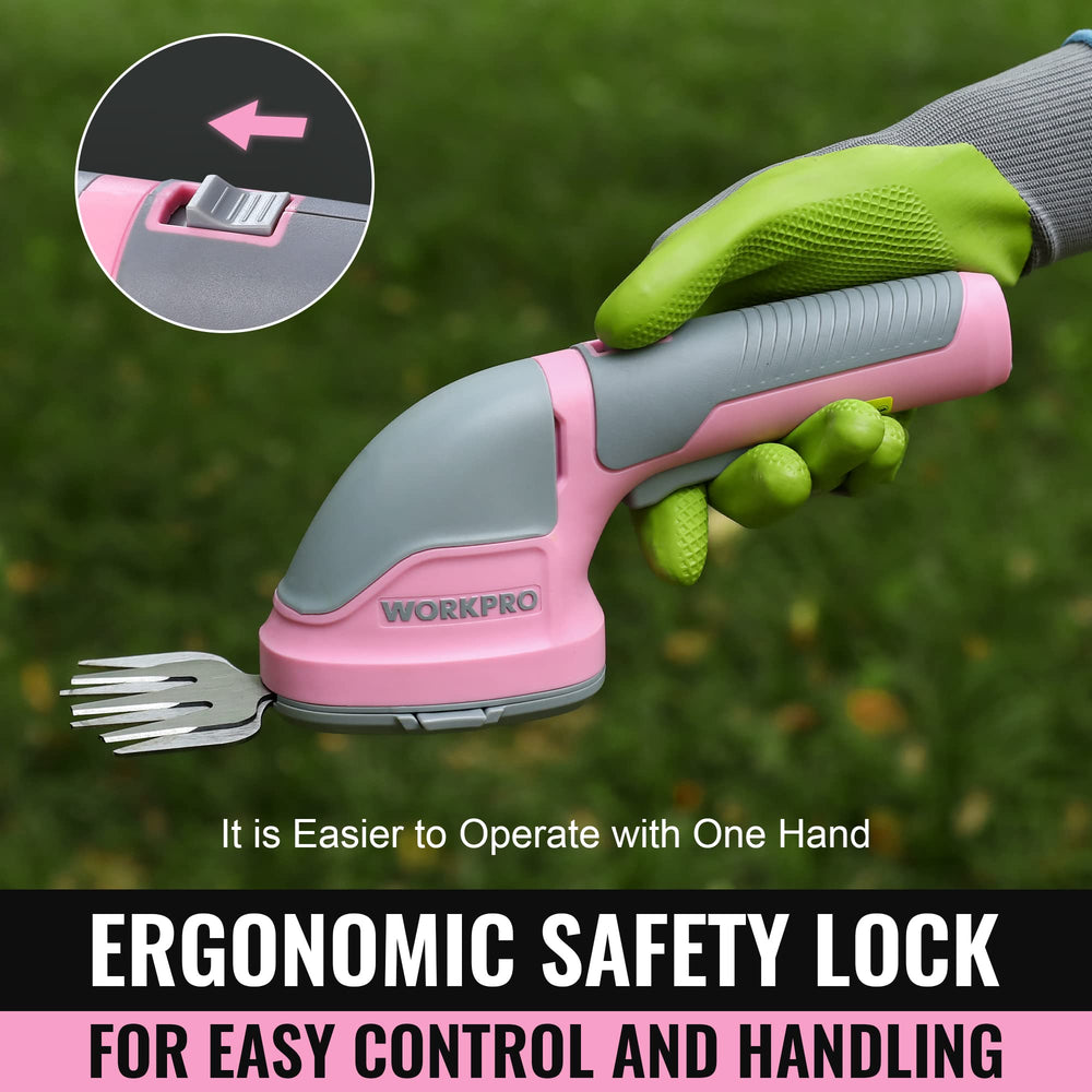 WORKPRO Cordless Grass Shear in use on garden hedges