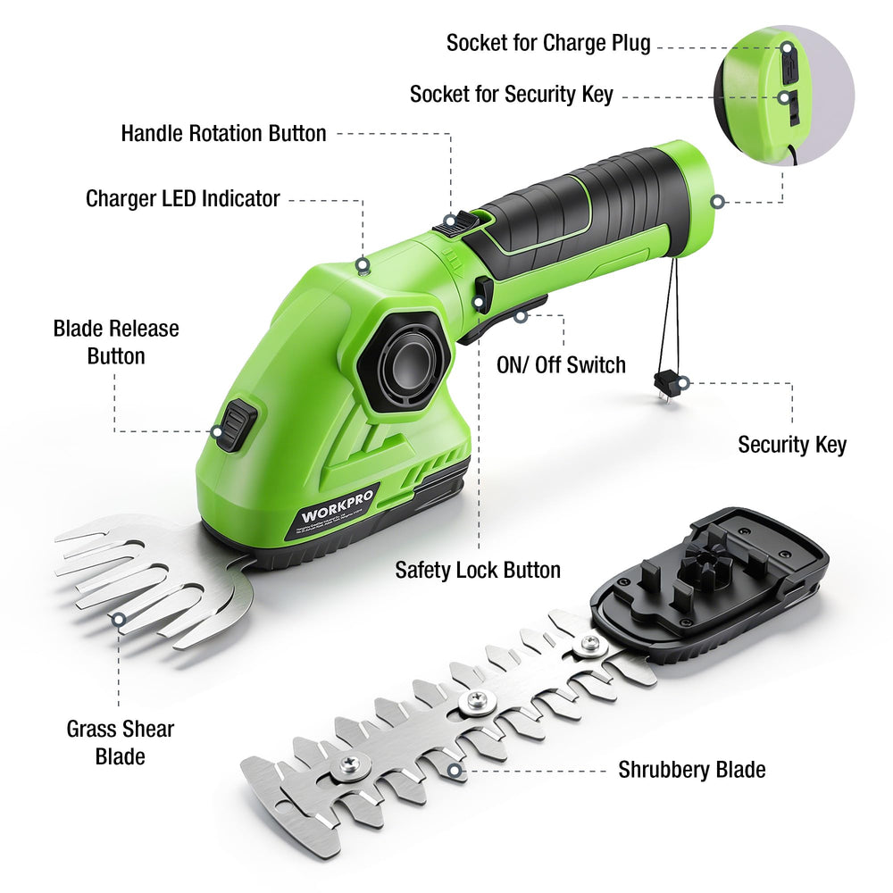 WORKPRO Cordless Grass Shear with battery compartment open