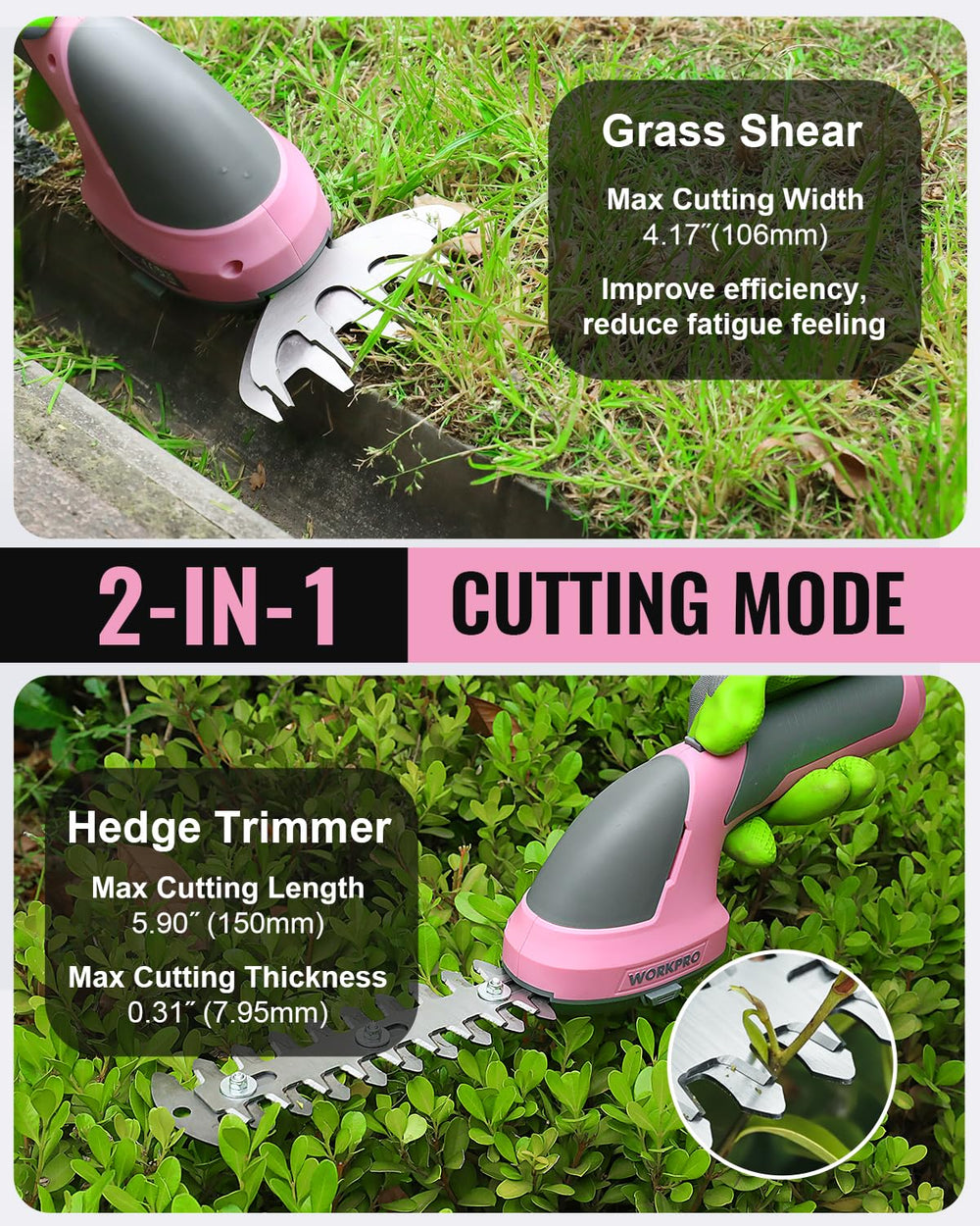 WORKPRO Cordless Grass Shear with USB-C charging cable