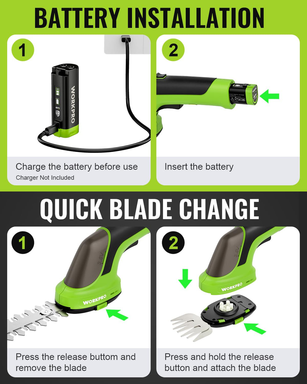 WORKPRO cordless hedge trimmer pack size display