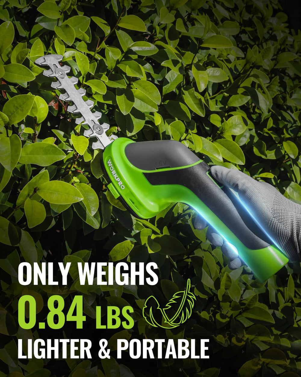 WORKPRO cordless hedge trimmer with green plastic body