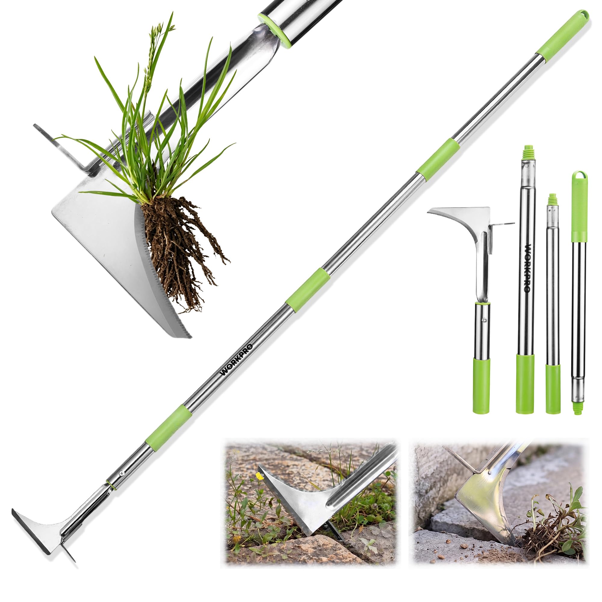WORKPRO Crack Weeder with adjustable handle in green and silver