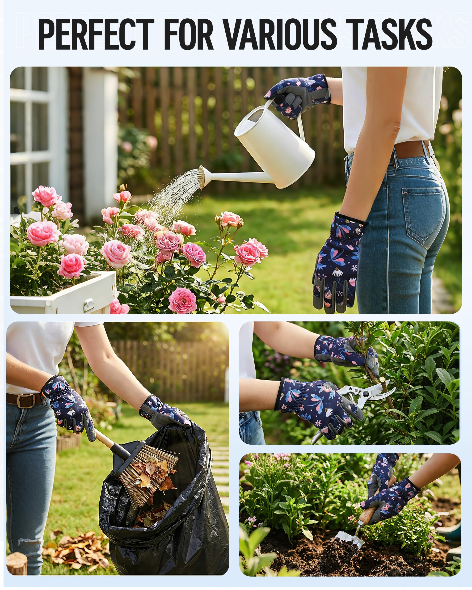 WORKPRO Floral Garden Gloves displayed on a table